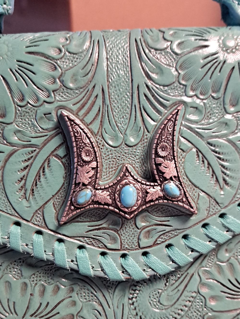 Loyal West Teal Tooled Leather Top-Handle Bag - Picture 2 of 7